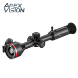Guide TU435LS thermal riflescope, three-quarter front view of the 35 mm objective with the rangefinder inside the lens