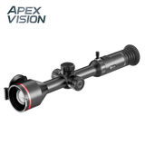 Guide TU650LS thermal riflescope, three-quarter front view of the 50 mm objective with the rangefinder inside the lens
