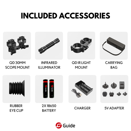 Guide TU1250M included accessories: QD 30mm scope mount, IR illuminator, carrying bag, 18650 batteries, charger, and 5V adapter