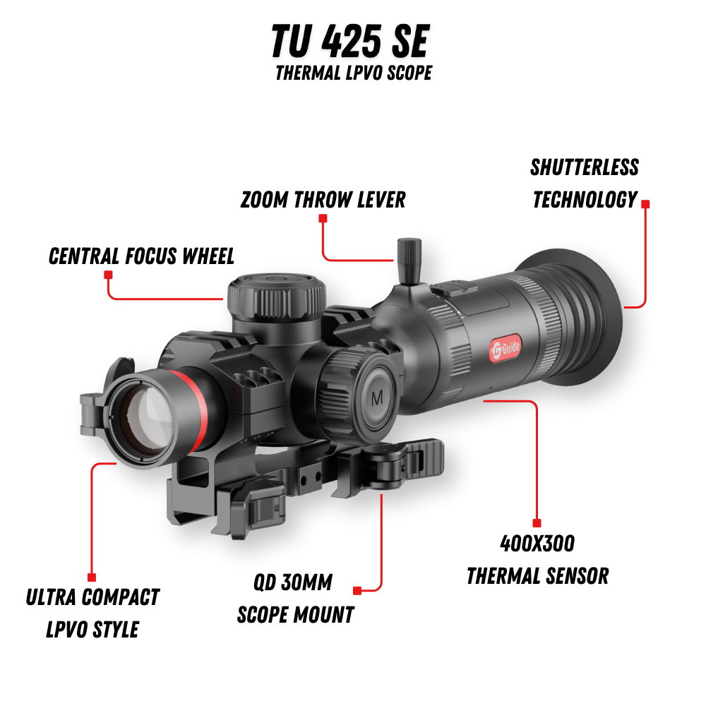 Guide TU425SE thermal riflescope top-down view showing turrets