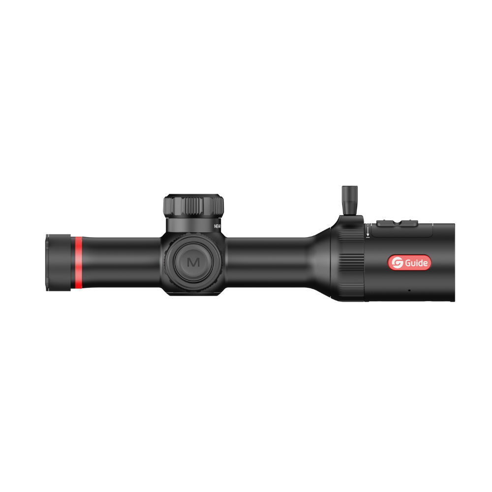 Guide TU425C compact thermal riflescope rear three-quarter view showing touchscreen display