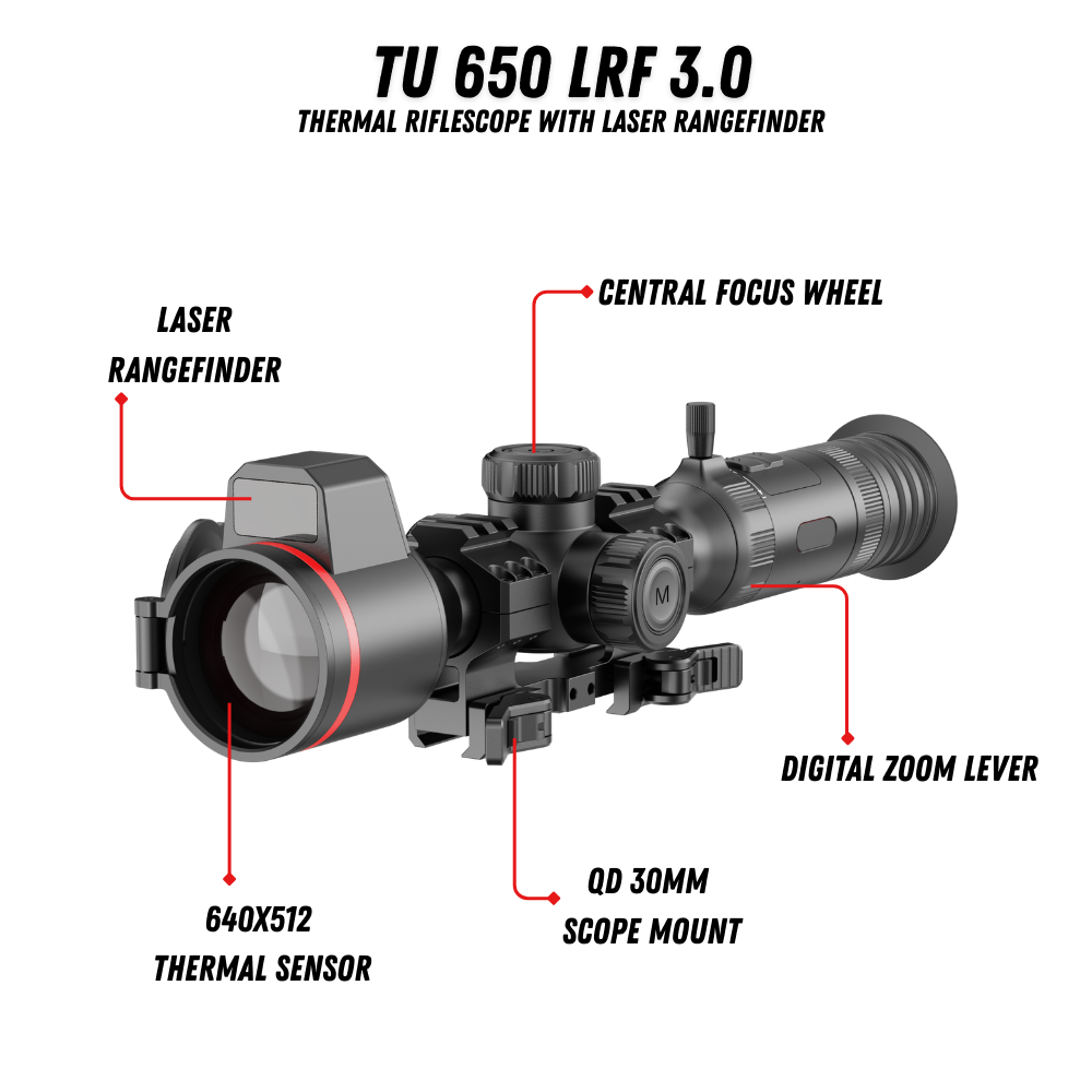 Guide TU650L thermal riflescope top-down view showing turrets and controls