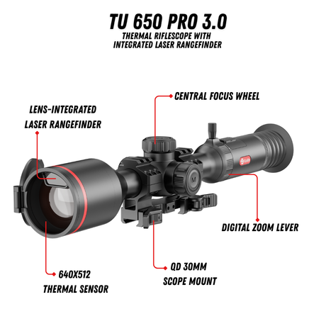 Guide TU650P thermal riflescope top-down view showing turrets and controls