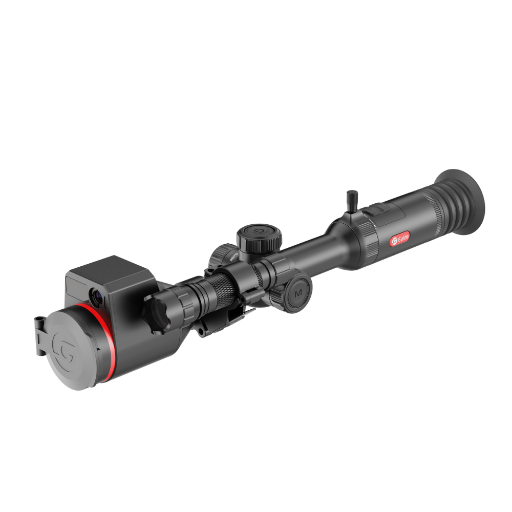 Guide TU650M dual-channel thermal and night vision riflescope front three-quarter view on white background