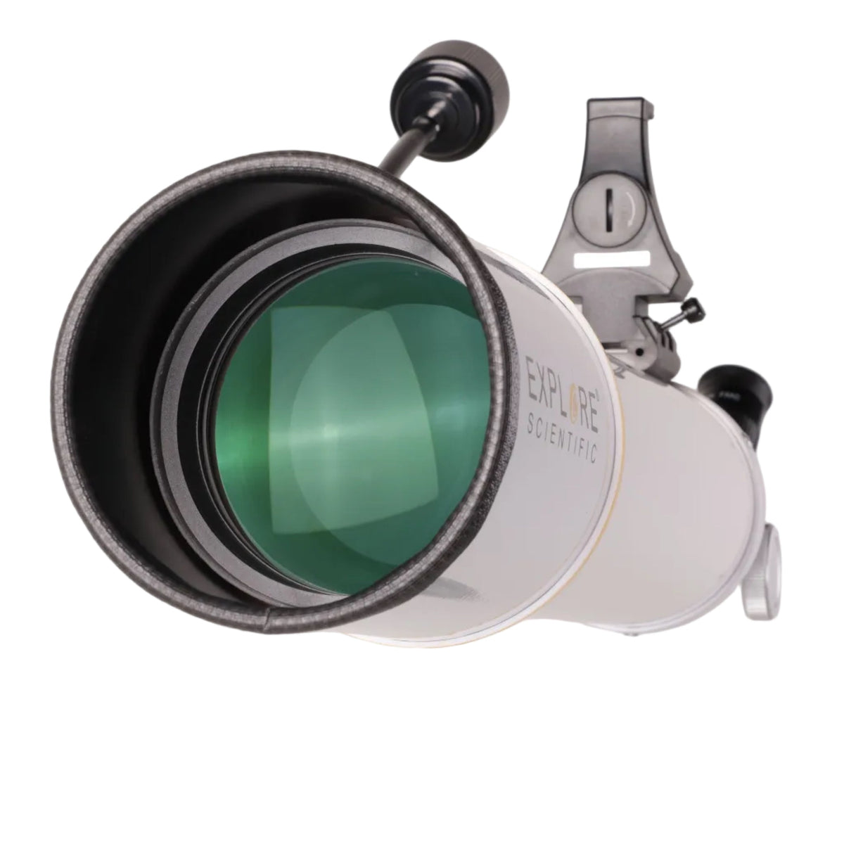 Sidara Essential 102 objective lens close-up, looking into the dew shield of the 102mm refractor