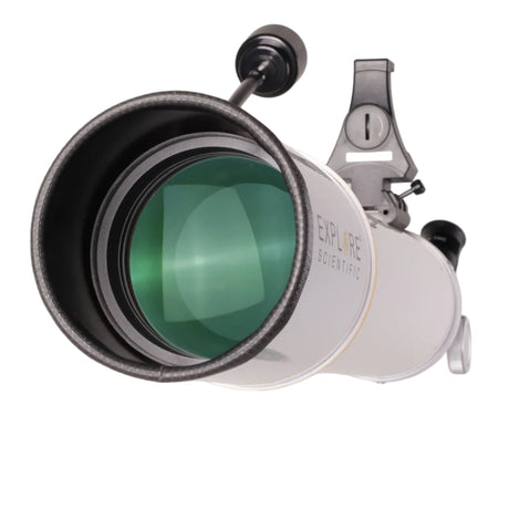 Sidara Essential 102 objective lens close-up, looking into the dew shield of the 102mm refractor