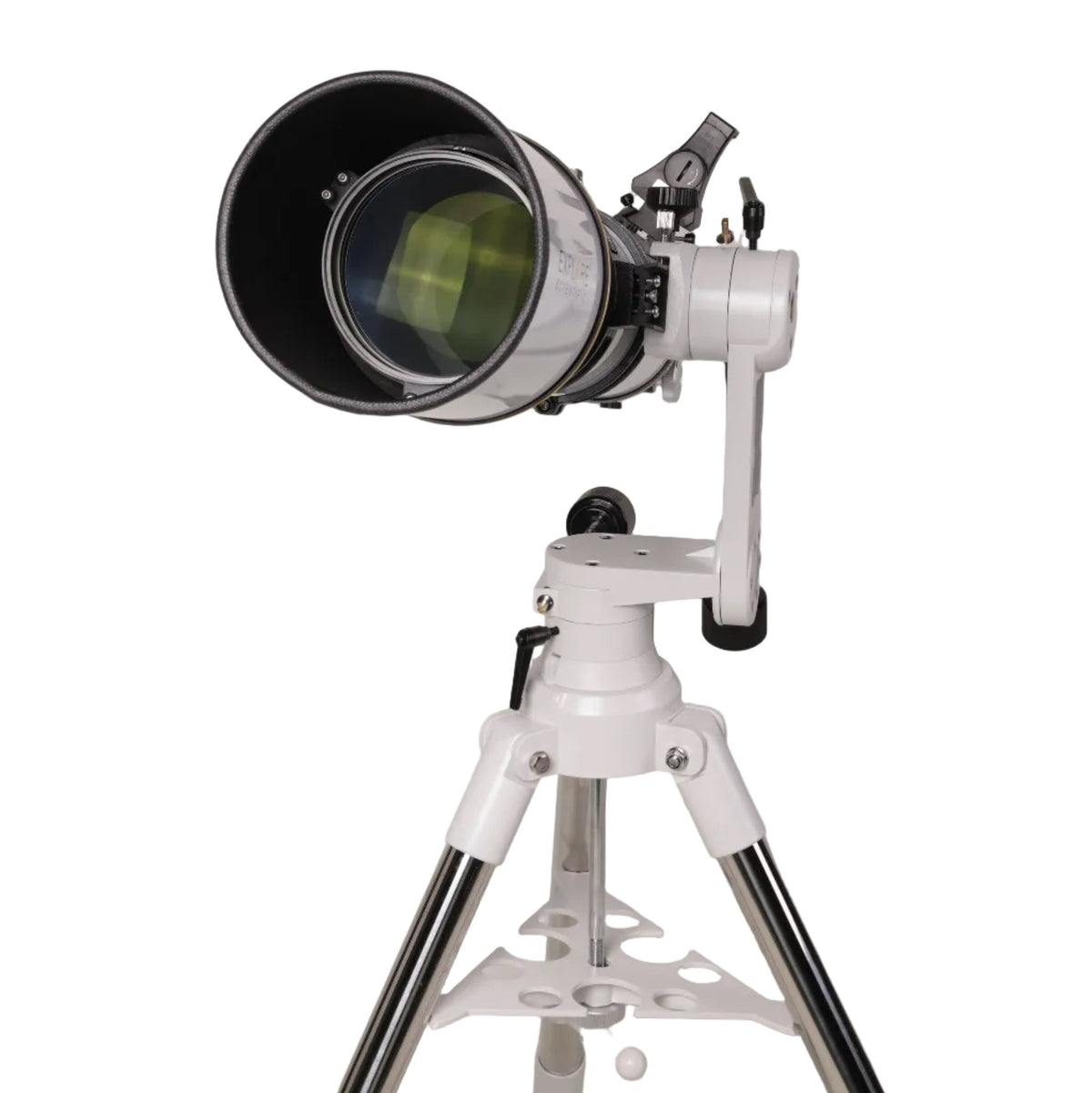 Sidara Plus 127 front view of the objective lens and dew shield on the Plus alt-az mount arm