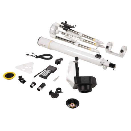 Sidara Pro 80 package contents: 80mm refractor, Sidara Pro GoTo mount and tripod, hand controller and cable, cradle rings, 45° diagonal, 25mm and 10mm Plössl eyepieces, solar filter, SkyAssist bracket and smartphone clip adapter