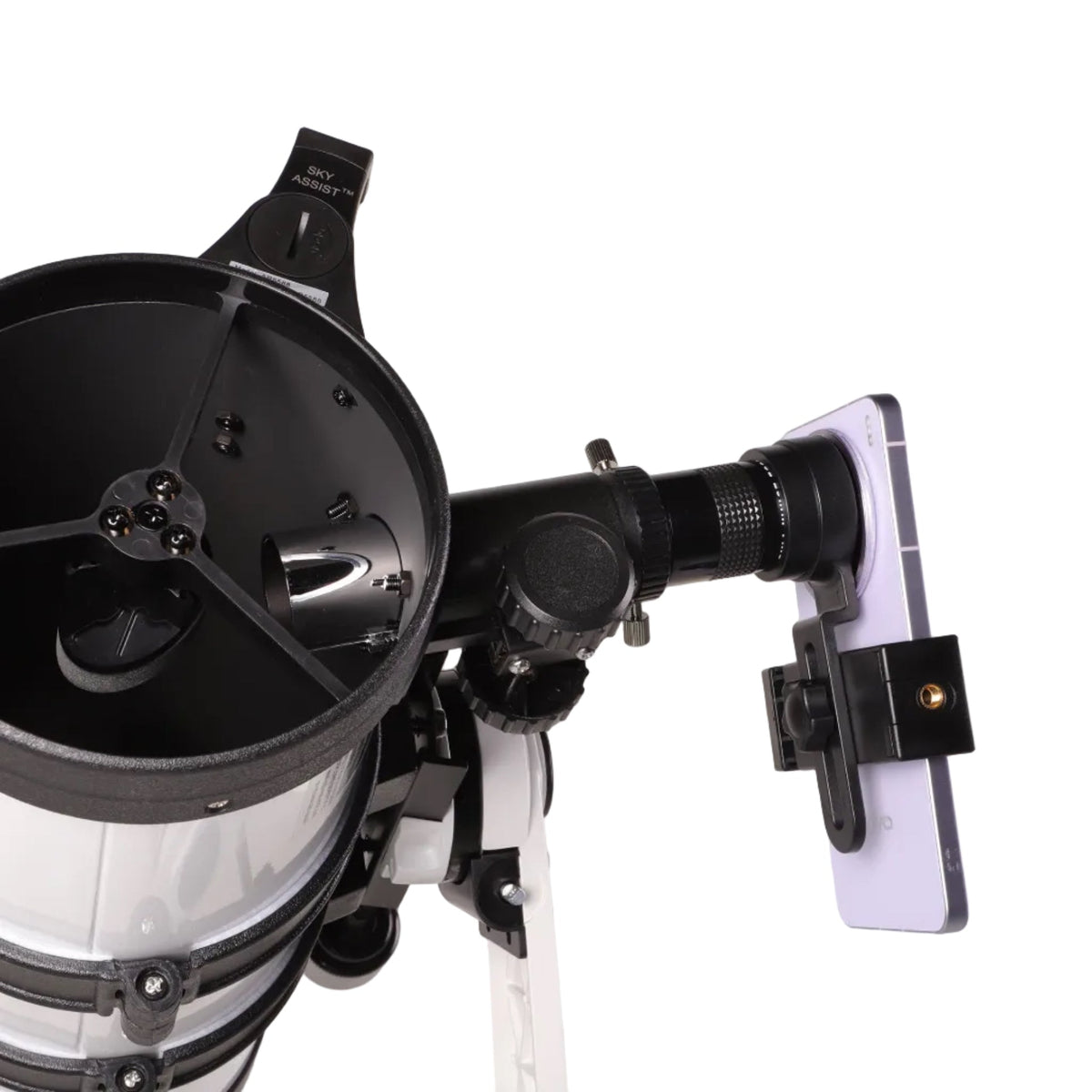 Sidara Nano 114 open tube end showing the secondary mirror, with a smartphone in the eyepiece clip adapter