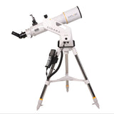 Sidara Pro 102 package: 102mm refractor on the white Sidara Pro GoTo mount and tripod, hand controller on the leg