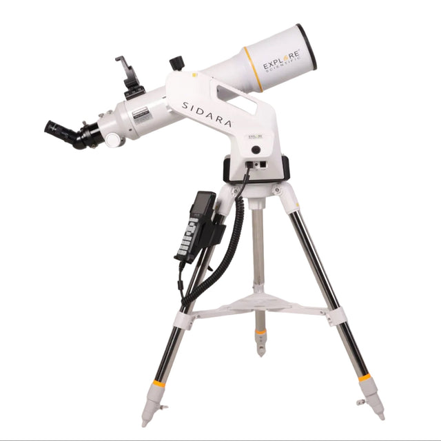 Sidara Pro 102 package: 102mm refractor on the white Sidara Pro GoTo mount and tripod, hand controller on the leg