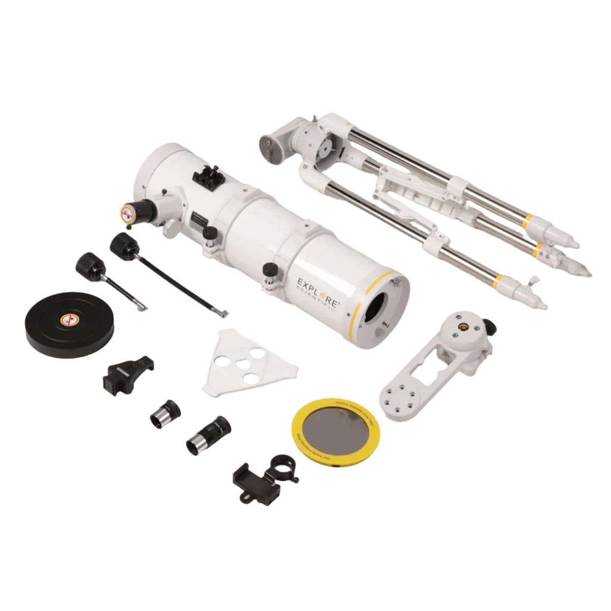 Sidara Essential 130 package contents: 130mm Newtonian, Essential mount and tripod, slow-motion cables, 25mm and 10mm Plössl eyepieces, solar filter, SkyAssist adapter and smartphone clip adapter