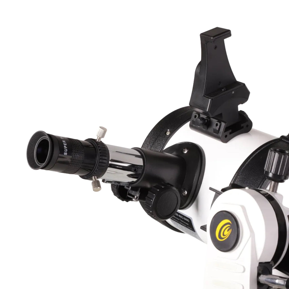 Sidara Nano 114 focuser close-up with an eyepiece fitted and the SkyAssist phone bracket on the tube