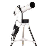 Sidara Pro 80 refractor on the white Sidara Pro GoTo mount arm, hand controller clipped to the tripod leg