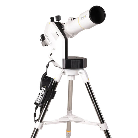 Sidara Pro 80 refractor on the white Sidara Pro GoTo mount arm, hand controller clipped to the tripod leg