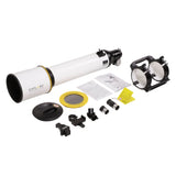 Sidara Plus 127 optical tube kit: 127mm refractor, tube rings with handle, 45° diagonal, 25mm and 10mm Plössl eyepieces, solar filter, SkyAssist adapter and smartphone clip adapter (mount and tripod not shown)