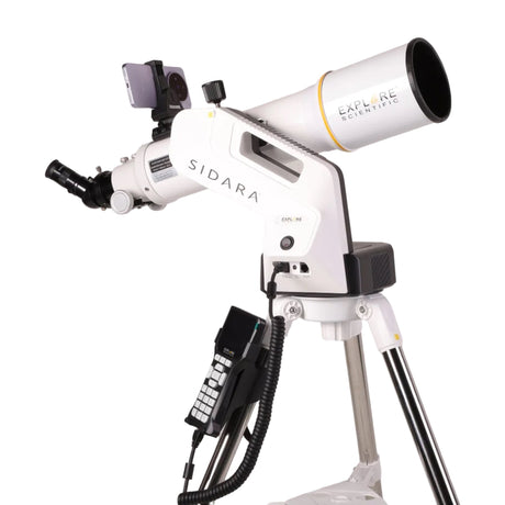 Sidara Pro 102 on the white Sidara Pro GoTo arm, phone in the SkyAssist bracket, hand controller on the leg