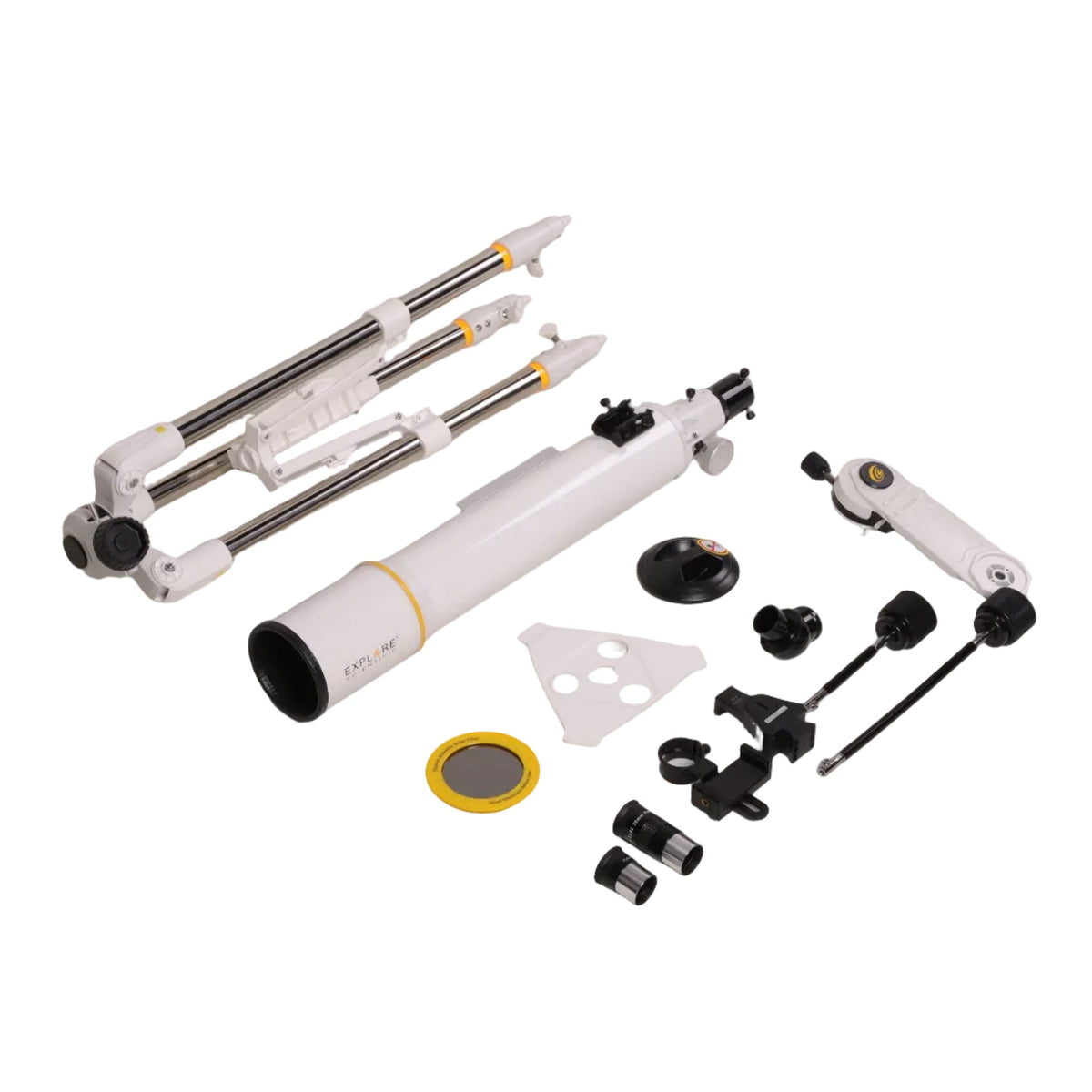 Sidara Nano 90 package contents laid out: tripod, 90mm tube, Nano mount arm, eyepieces, solar filter and accessories