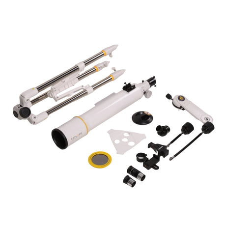 Sidara Nano 90 package contents laid out: tripod, 90mm tube, Nano mount arm, eyepieces, solar filter and accessories
