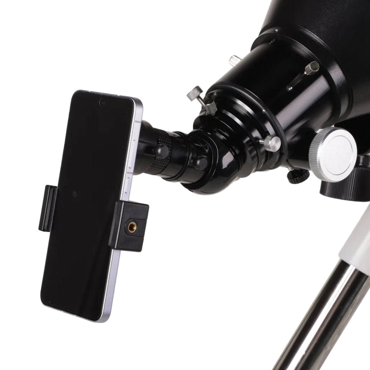 Smartphone held in the clip adapter over the eyepiece of the Sidara Plus 127 refractor