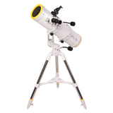 Sidara Essential 130 Newtonian on the Essential mount and tripod with the solar filter fitted over the front of the tube