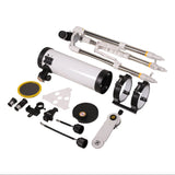 Sidara Nano 114 package contents laid out: tripod, 114mm tube, tube rings, mount arm, eyepieces and solar filter