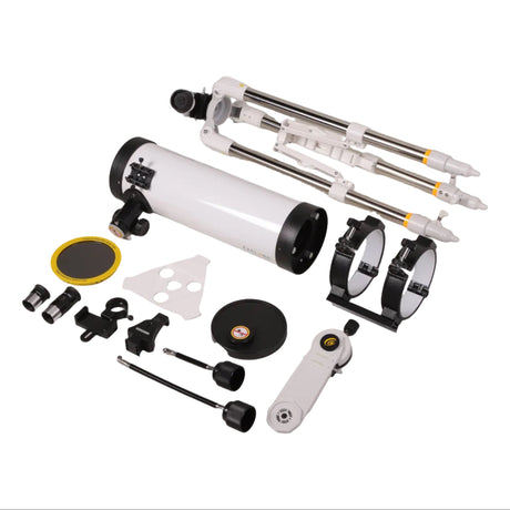 Sidara Nano 114 package contents laid out: tripod, 114mm tube, tube rings, mount arm, eyepieces and solar filter