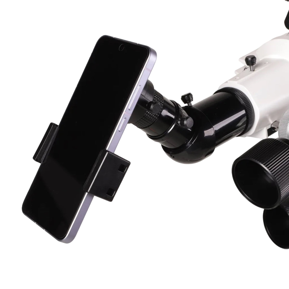 Smartphone held in the clip adapter over the eyepiece of the Sidara Nano 90 refractor