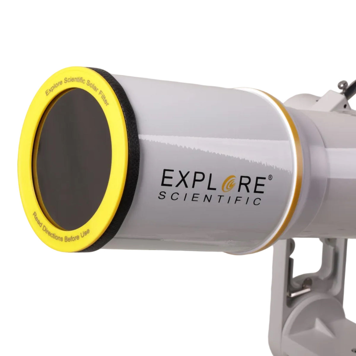 Explore Scientific solar filter fitted over the front of the Sidara Essential 102 refractor, marked Read Directions Before Use