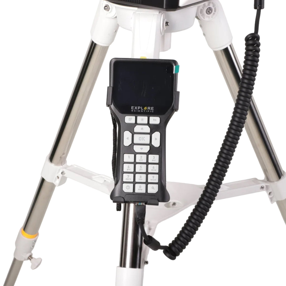Sidara Pro GoTo hand controller close-up showing the keypad, hanging on the tripod