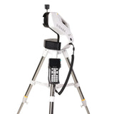 Sidara Pro GoTo mount, front view, with the hand controller hanging from its coiled cable