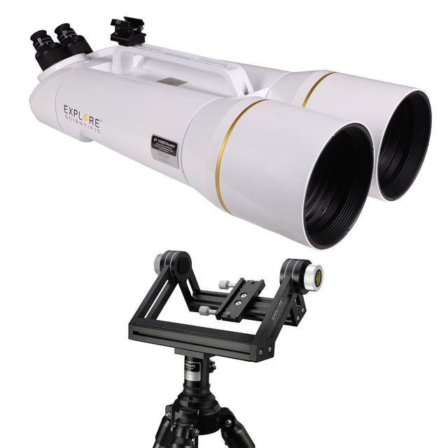 Explore Scientific BT 150mm ED Giant Binocular shown with its U-Mount head on the field tripod