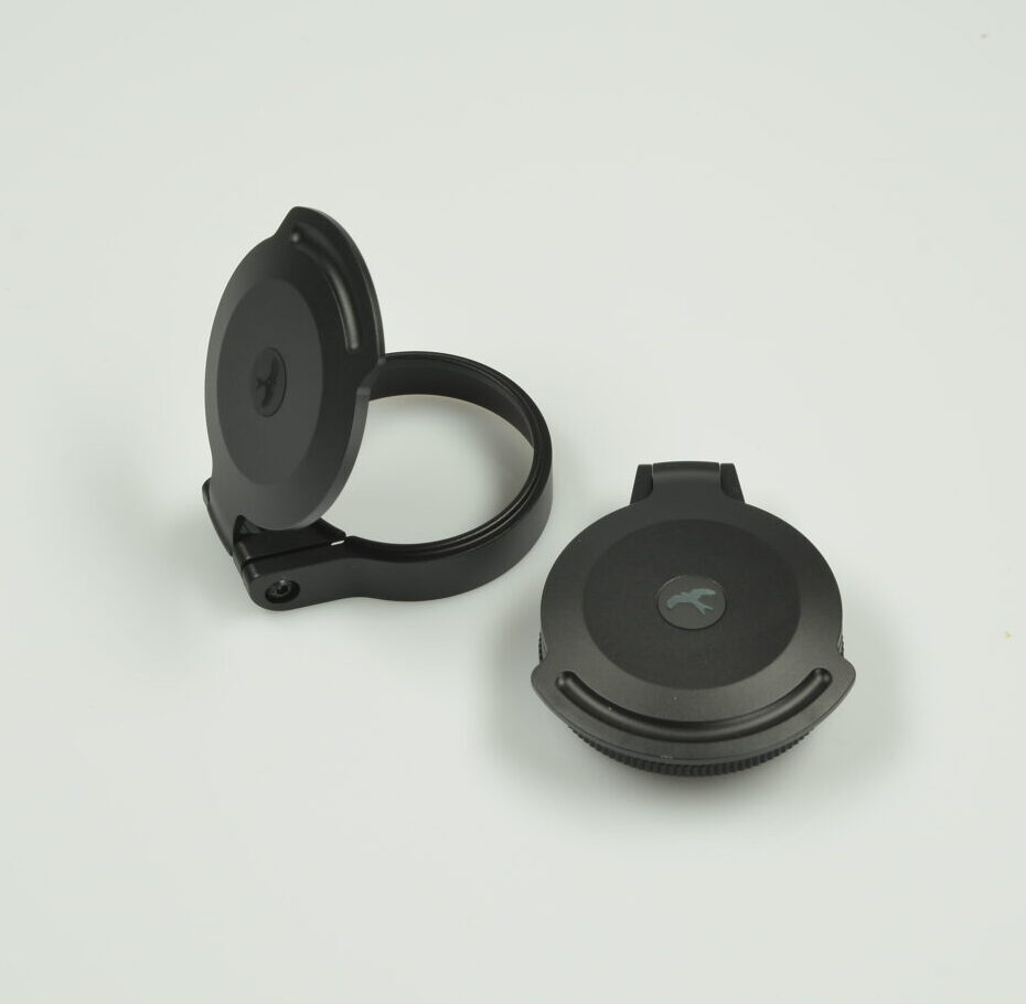 Kite Optics B6 LR 2-12x42 metal flip cover set: objective cover and eyepiece cover, each with a hinged lid