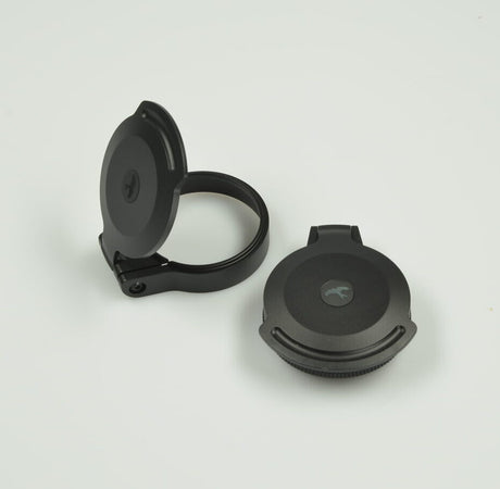 Kite Optics B6 LR 3-18x50 metal flip cover set: objective cover and eyepiece cover, each with a hinged lid