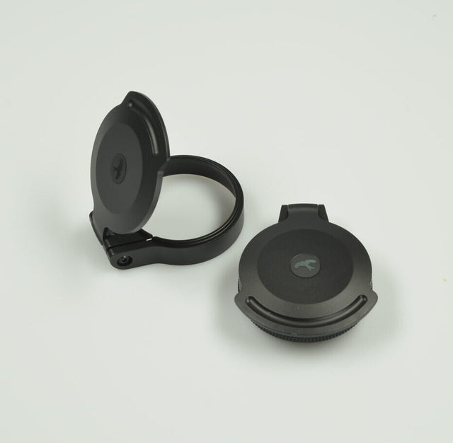 Kite Optics B6 LR 3-18x50 metal flip cover set: objective cover and eyepiece cover, each with a hinged lid