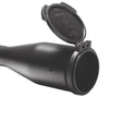 Kite Optics B6 50mm objective flip cover in black, shown open and mounted on a riflescope