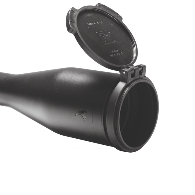 Kite Optics B6 50mm objective flip cover in black, shown open and mounted on a riflescope