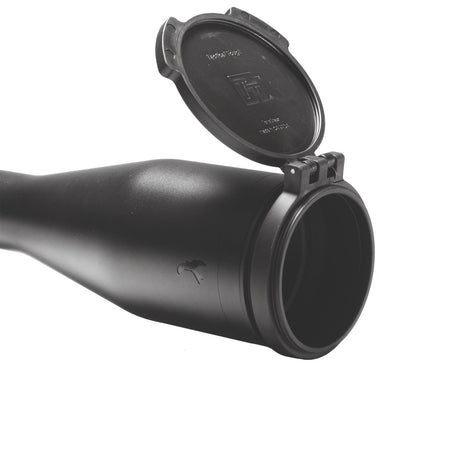 Kite Optics B6 42mm objective flip cover in black, shown open and mounted on a riflescope