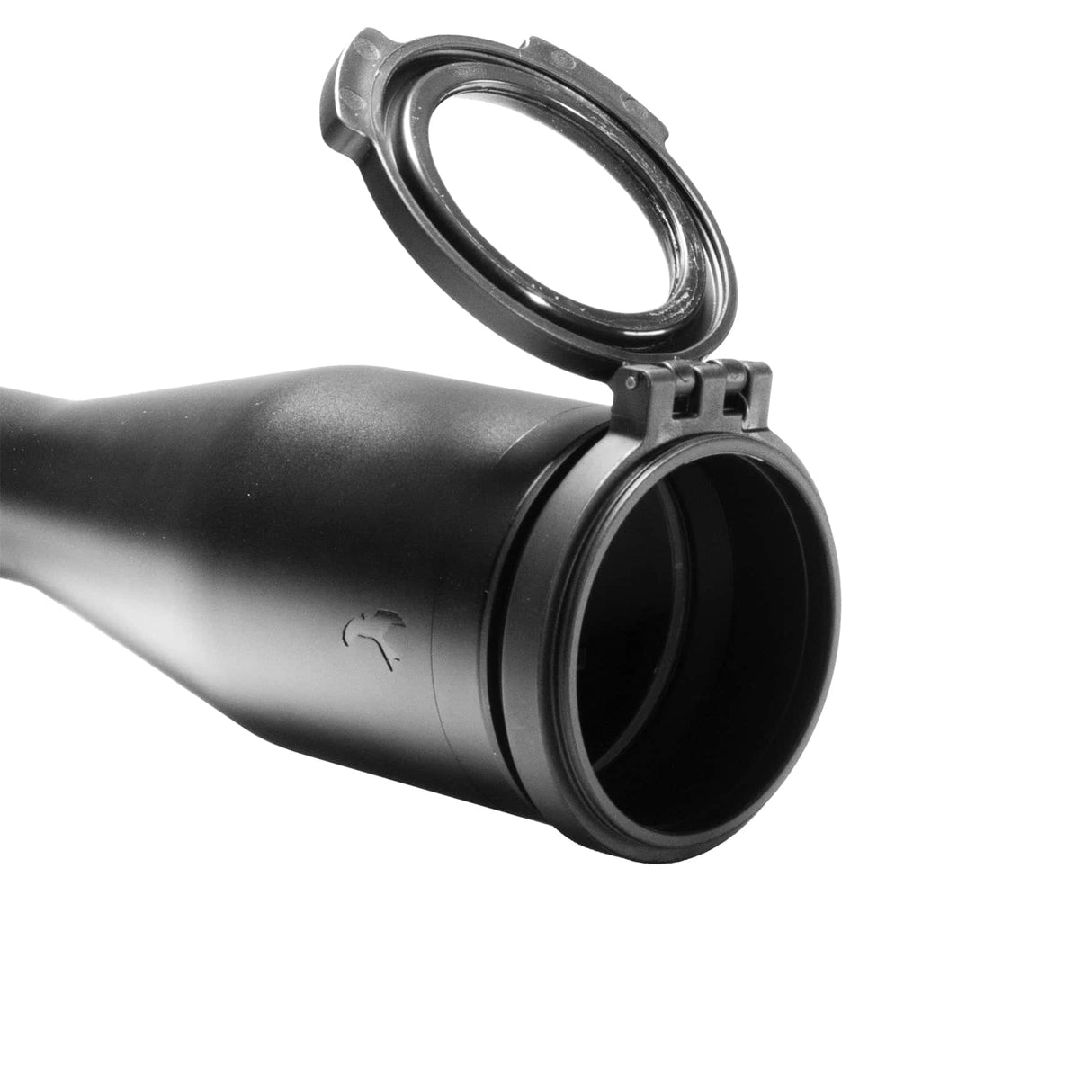 Kite Optics B6 50mm objective flip cover with transparent window, shown open and mounted on a riflescope