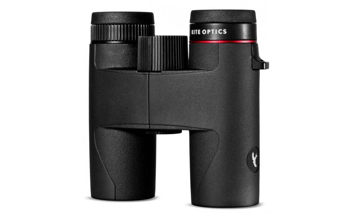Side view of Kite Optics Lynx HD+ 10x30 showing the Kite logo and single-hinge bridge design