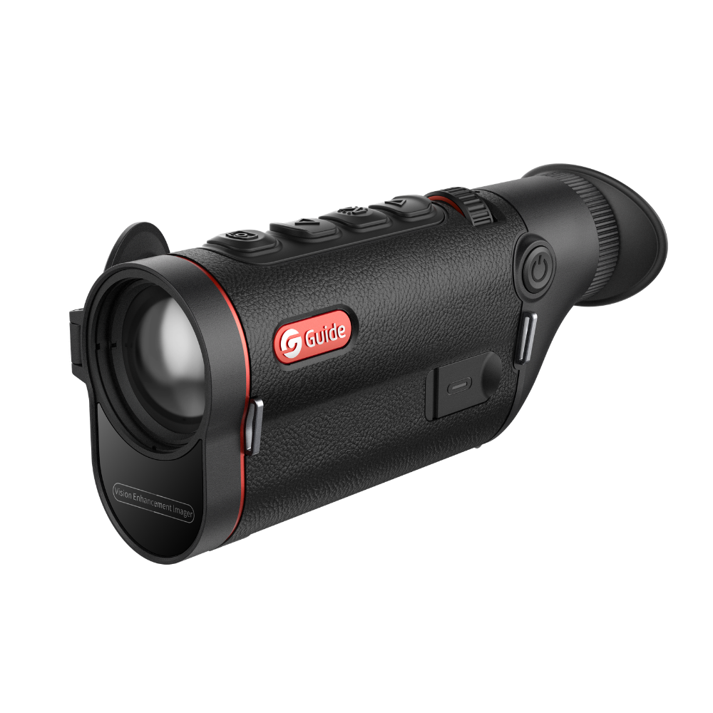 Guide TD633 thermal monocular three-quarter view showing the 35mm objective lens, replaceable 18650 battery cap, and ergonomic single-hand chassis