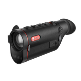 Guide TD633 thermal monocular three-quarter view showing the 35mm objective lens, replaceable 18650 battery cap, and ergonomic single-hand chassis