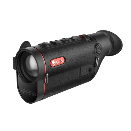 Guide TD633 thermal monocular three-quarter view showing the 35mm objective lens, replaceable 18650 battery cap, and ergonomic single-hand chassis