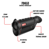 Guide TD633 thermal monocular side profile showing the focus knob, mode buttons, and 0.36 inch AMOLED eyepiece