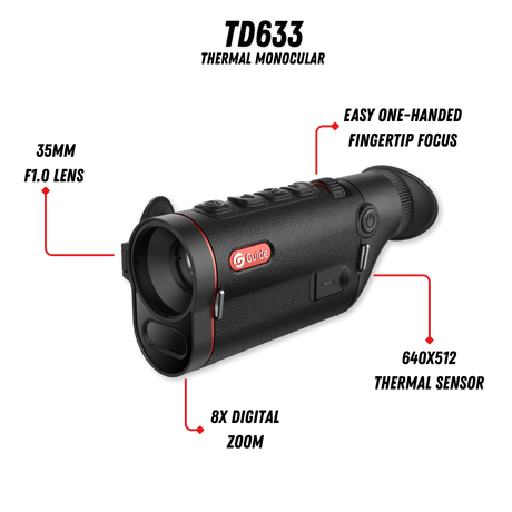 Guide TD633 thermal monocular side profile showing the focus knob, mode buttons, and 0.36 inch AMOLED eyepiece