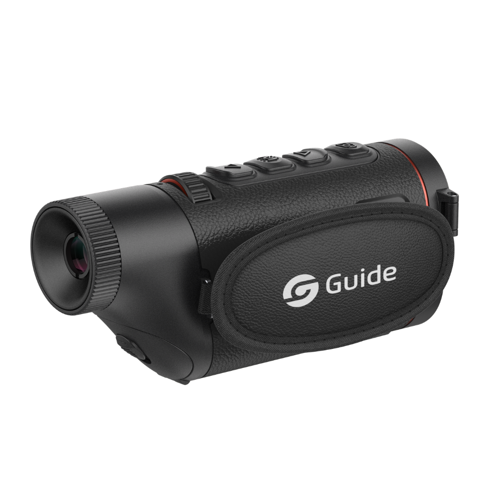 Guide TD633 thermal monocular top view showing the focus roller and mode button layout for one-handed control