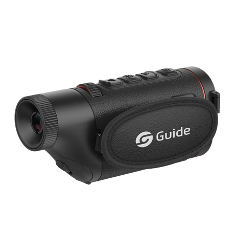 Guide TD633 thermal monocular top view showing the focus roller and mode button layout for one-handed control