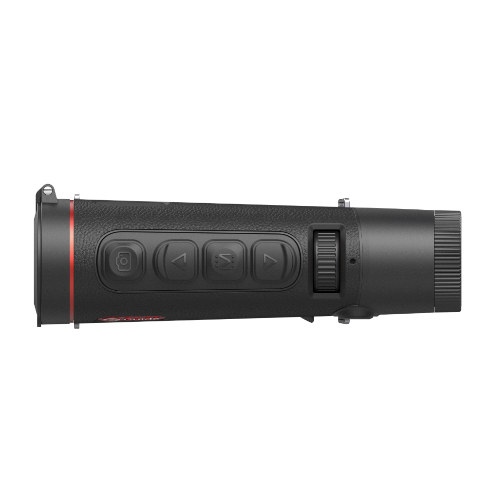 Guide TD633 thermal monocular rear view showing the eyepiece and battery compartment with replaceable 18650 cell