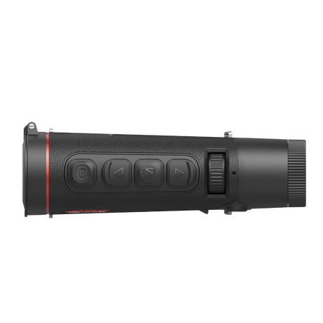 Guide TD633 thermal monocular rear view showing the eyepiece and battery compartment with replaceable 18650 cell