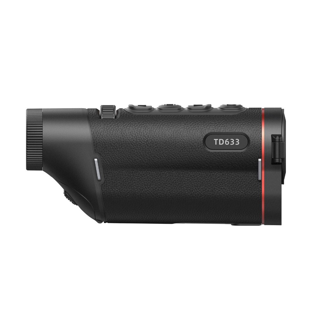 Guide TD633 thermal monocular feature callout showing the 640x512 12 micron sensor, 35mm F1.0 lens, 1280x960 AMOLED display, and 10-hour battery